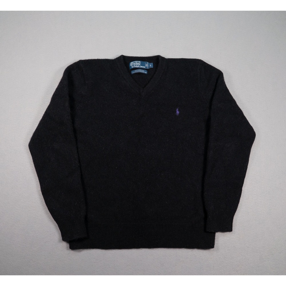 Polo Ralph Lauren Men Black 100% Lambswool V-Neck Sweater Purple Pony Logo Large